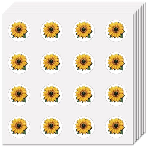 CREATCABIN 128Pcs 8 Sheets Sunflower Sticker Small Flower Stickers Bulk Plastic Self-Adhesive Waterproof Round Plant Decals for Scrapbooking Envelope Planner Journaling Helmet Decoration 0.98 inch