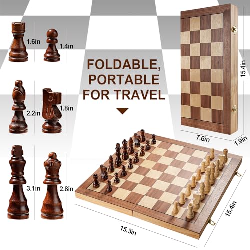 Vahome Magnetic Chess Set for Adults & Kids, 15" Wooden Folding Chess Boards, Handcrafted Portable Travel Chess Game with Pieces Storage Slots, 2 Extra Queens by Vahome - Image 3