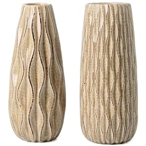 VICTOR & TERESA Ceramic Vase for Flowers, 9.5” Set of 2 Decorative Rustic Beige Vases for Home Decor, Farmhouse Vases for Pampas Grass, Table, Mantel, Living Room, Shelf, Centerpieces, Gifts for Mom