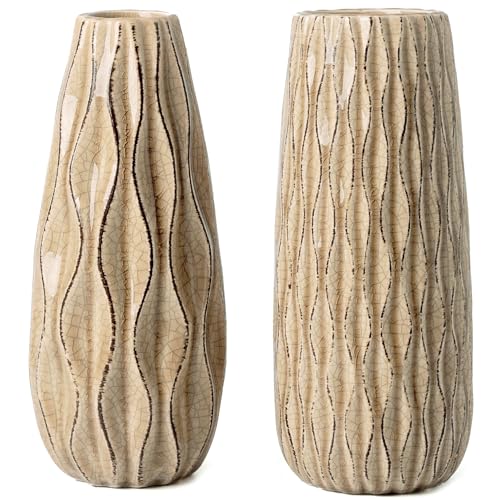 VICTOR-TERESA-Ceramic-Vase-for-Flowers-95-Set-of-2-Decorative-Rustic-Beige-Vases-for-Home-Decor-Farmhouse-Vases-for-Pampas-Grass-Table-Mantel-Living-Room-Shelf-Centerpieces-Gifts-for-Mom VICTOR & TERESA Ceramic Vase for Flowers, 9.5'' Set of 2 Decorative Rustic Beige Vases for Home Decor, Farmhouse Vases for Pampas Grass, Table, Mantel, Living Room, Shelf, Centerpieces, Gifts for Mom - Image 1