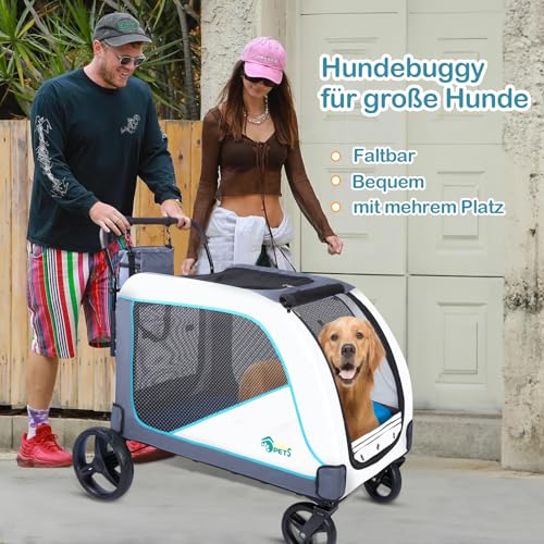 Ownpets Extra großer Hundebuggy für mittelgroße und große Hunde bis 70kg, mit Aufbewahrungstasche, verstellbarem Griff, atmungsaktives Netz, faltbar, 4 Gummi-Räder