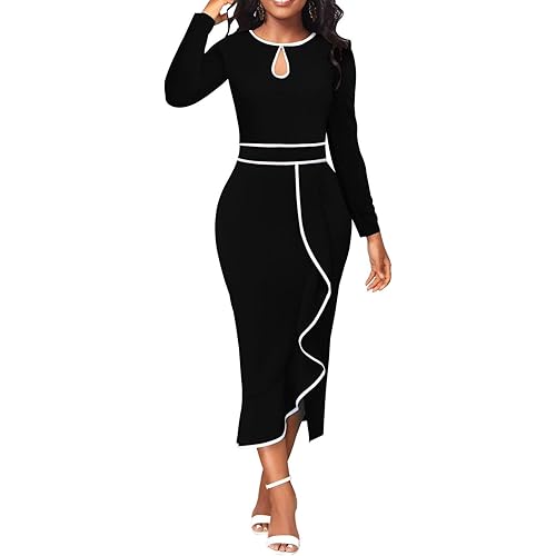 Church Dresses for Women Bodycon Long Sleeve Vintage Wrap Work Midi Pencil Dress