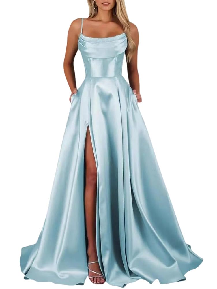 shownicer Vestito Donna Elegante Cerimonia Abiti Lunghi Eleganti Abito Cerimonia Vestiti in Raso da Sera con Spacco