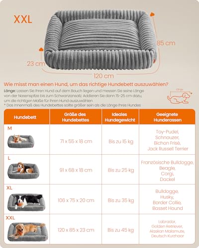 Feandrea Hundebett, extra großes orthopädisches Hundekörbchen, Hundekissen waschbar, Flauschige Hundematte, weiche Polsterung, 120 x 85 x 23 cm, Taubengrau PGW314GD01