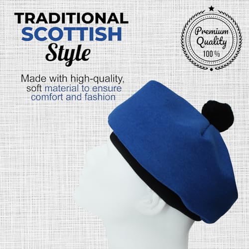 Image of Scottish Tam O' Shanter Hat Tartan Bonnet Pom Pom Wool Flat Cap One Size