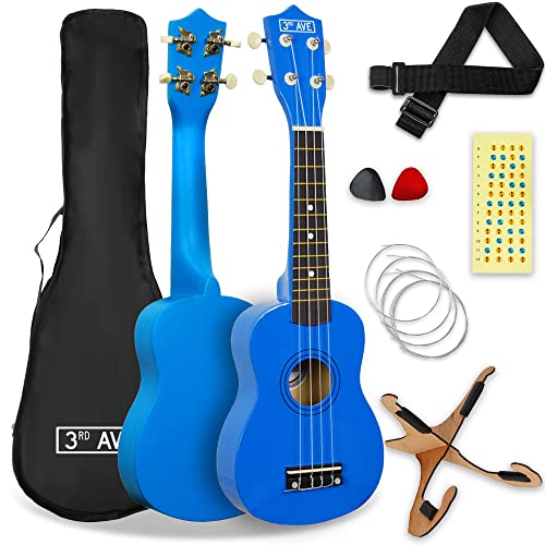 3rd Avenue Pack de ukulele soprano para principiantes de 21 pulgadas para principiantes – Con funda, soporte, correa, cuerdas, púas y marcadores adhesivos para el diapasón – Azul