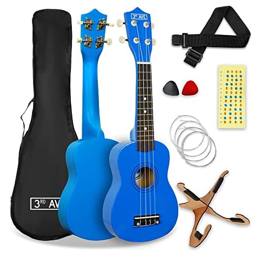 3rd Avenue Pack de ukulele soprano para principiantes de 21 pulgadas para principiantes – Con funda, soporte, correa, cuerdas, púas y marcadores adhesivos para el diapasón – Azul