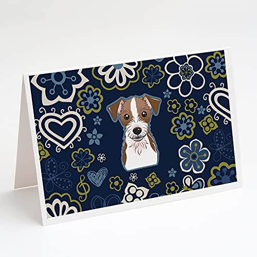 Caroline's Treasures BB5053GCA7P Blue Flowers Jack Russell Terrier Greeting Cards and Envelopes Pack of 8 Blank Cards with Envelopes Whimsical A7 Size 5x7 Blank Note Cards