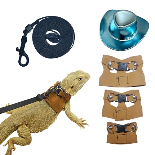 Image of Reptile Pets Leash Harness Set with Jackets and a Party Theme Hat for Bearded Dragon Lizard, Leopard Gecko and Other Small Animal Pets, Outdoor Play, Blue