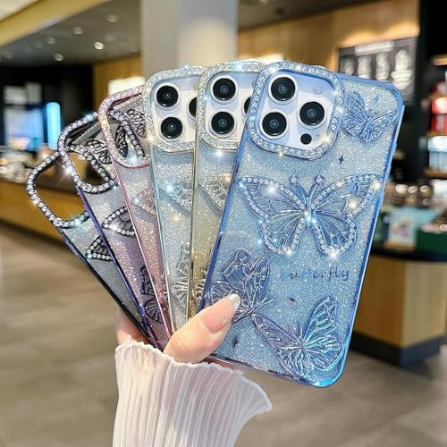 Image of Elzzi Electroplated Butterfly Case for iPhone 17 Pro Max, Pearlescent Diamond Soft TPU Shockproof Camera Protection, Cute Stylish Phone Cover for Girls & Women (Gold)