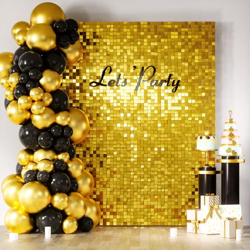 Image of COKAOBE Gold Shimmer Wall Backdrop, 24PCS Square Sequin Shimmer Backdrop Panel, Photo Backdrops for Birthday, Anniversary, Wedding, Graduation & Bachelorette Party Decoration