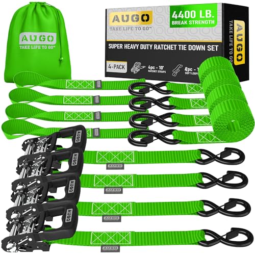 Image of AUGO Heavy Duty Ratchet Straps & Soft Loops - Pack of 4 Extra Strong 1.5 inch by 10' Ratchet Straps w /S-Hook Safety Latches & 4 Soft Loop Tie Downs - 4400Lb Break Strength for Motorcycles, ATVs, Etc.