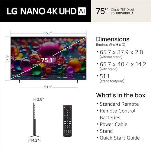 Image of LG 75-Inch Class Nano AI 4K NU85 Series Smart TV w /AI Sound Pro, HDR10, AI 4K Super Upscaling, Filmmaker Mode, Wow Orchestra, Compatible with Alexa (75NU850BPUA, 2026)