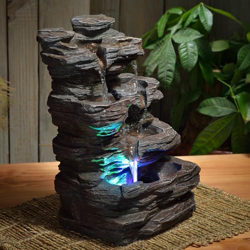 Zen’Light - Zimmerbrunnen Pietra - Steinoptik aus Kunstharz mit Bunten Lichteffekten - Moderne Zen Deko, Meditation & Entspannung - Glücksbringer - H35cm