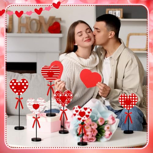 Image of Briwooody 6 Pcs Valentine's Day Decorations Heart Wooden Table Sign Set Red Love Table Centerpiece Valentines Tabletop Decor Tall Standing Farmhouse Wood Block for Wedding Party Home Decorations