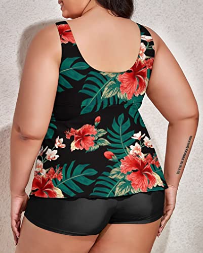 Image of Modest Tankini Swimsuits for Women Two Piece Bathing Suits Floral Print Tank Top with Boyshorts Tummy Control Swimming Suits