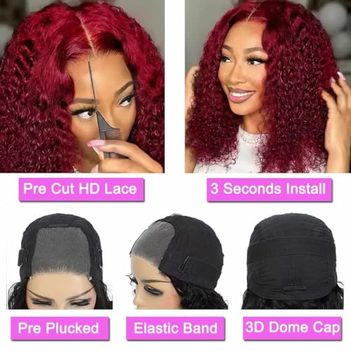 Image of Srakuw Wear and Go Glueless Wigs Human Hair Pre Plucked Pre Cut 99j Burgundy Lace Front Wigs for Black Women 180 Density Water Wave Bob Wig Colored Human Hair Curly Wig (99j Burgundy Color, 12 Inch)
