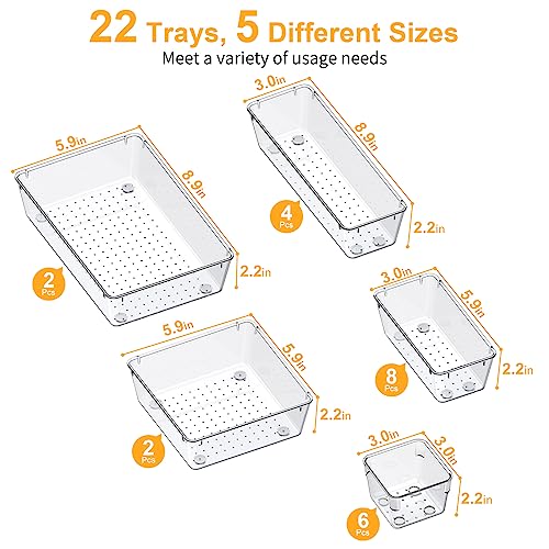 Image of SMARTAKE 22-Piece Drawer Organizer with Non-Slip Silicone Pads, 5-Size Clear Desk Drawer Organizer Trays Storage Tray for Makeup, Jewelries, Utensils in Bedroom Dresser, Office and Kitchen, Clear