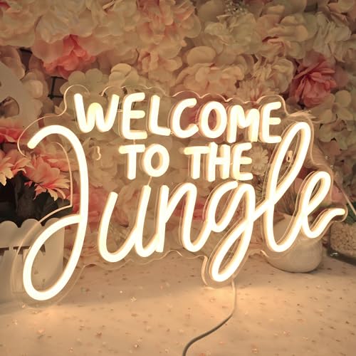 Image of Planzo Welcome to the Jungle LED Neon Sign Light Baby Shower Wall Decor | Bedroom Kids Room Neon Sign for Home Decor, Safari Jungle Themed Party Decor, Kids Birthday Gift, USB, 16.93 inchx9.06 inchWarm White