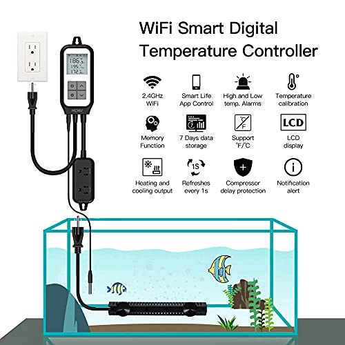 Moes Smart Wifi Cooling Heating Thermostat Outlet, Tuya Digital Temperature Controller Sensor Plug For Reptile Fermenter Brewing Breeding Heat Mat, Smart Life Remote Control, -22-221℉,10A 1250W #TOP1