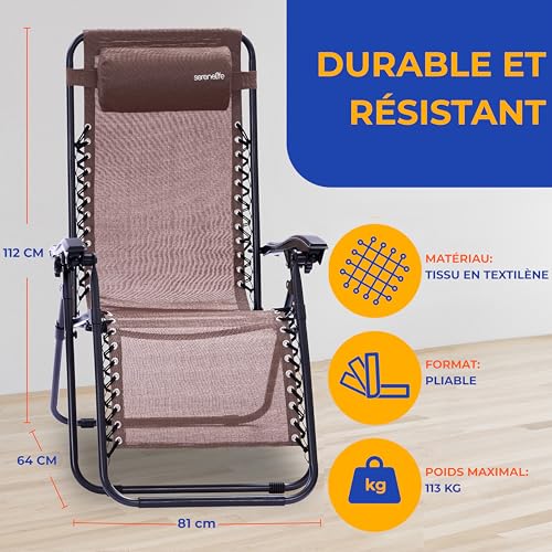 Chaise pliante extérieure SereneLife inclinable marron pour terrasse
