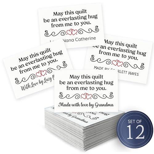 Personalized Cotton Fabric Tags 2x3 | Custom Sewing Labels Set of 12 | Sew On or Iron On | Machine Washable Quilt Tags | Essential Label Designs (Double Heart Quote)