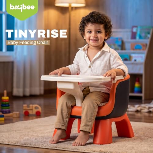 Image of Baybee Booster Chair for Baby with Detachable Food Tray, Anti-Slip Wide Legs & Soft Cushion Seat with Music | Portable Feeding Chairs for Kids Home & Travel - 0 to 3 Years (Orange)