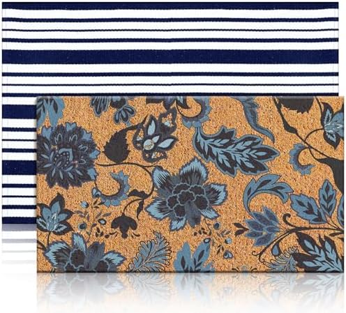 2 Pcs Navy Blue Coir Doormat Outdoor Navy Blue and White Checked ...