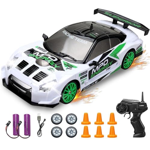DAJASD 1:24 Coche Teledirigido Drift, Drift RC Car, RC Drift Car con Kit Barricada, Luces LED, 4WD RC Drift Coche Radiocontrol Coche de Juguete para Adultos y Niños Mayores de 6 Años (Blanco)
