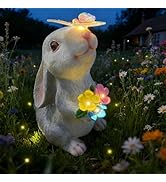 Bunny Garden Decor Solar Light Figurine, Rabbit with Butterfly Sculpture, Outdoor Waterproof Resi...