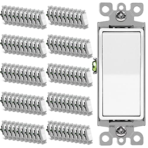 [100 Pack] Bestten Single-Pole Decorator Wall Light Switch, 15A 120/277V, On/Off Rocker Interrupter, Ul Listed, White #TOP29