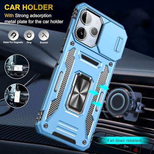 Image of Polycarbonate Slide Camera Cover with Ring Holder Mobile Phone Back Cover for Redmi 12 5G|Redmi 12 4G|Poco M6 Pro 5G (Blue)