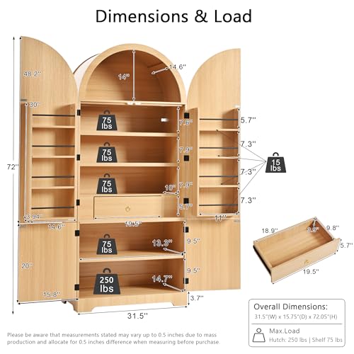 Image of Ball & Cast 72″Tall Arched Kitchen Pantry Cabinet with 8 Door Shelves & Drawers,Versatile Farmhouse Fluted Pantry Storage Cabinet w / 3 Adjustable Shelves for Kitchen,Dining Room,Natural
