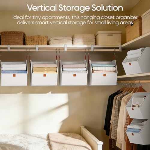 Image of Homsorout Collapsible Hanging Closet Organizer - 6 Tier Closet Shelves Storage System with Hooks, Fabric Hanging Storage Bins for Clothes, Foldable Storage Basket for Laundry, Bedroom, Rv, White
