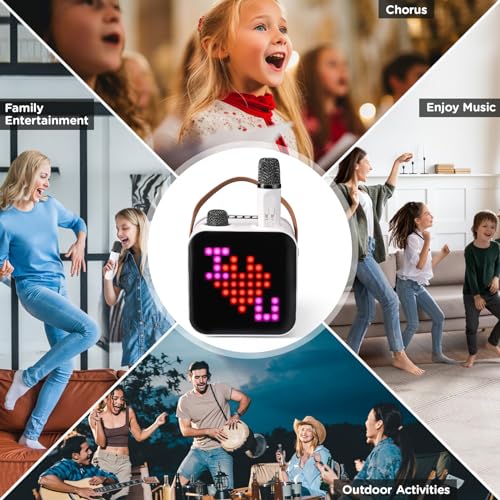 Protable Karaoke Machine with Two Wireless Microphones Rechargeable Karaoke Machine for Kid and Adult PA Speaker System 18 LED Pattern Support Funny Voice TWS/Radio/AUX/REC (White)
