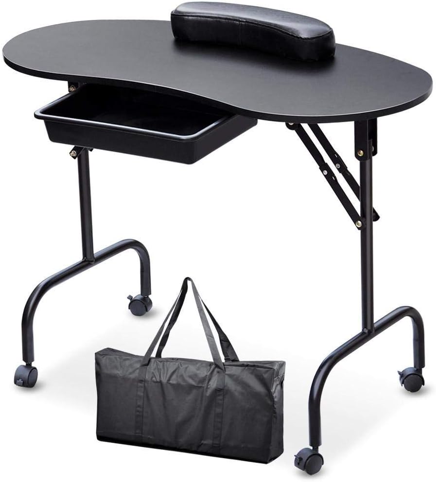 Topeakmart Manicure Nail Table Station - Foldable Nail Technician Desk Workstation Spa Beauty Salon w/Drawer/Client Wrist Pad/lockable Wheels/Carrying Case Black 37-inch Black