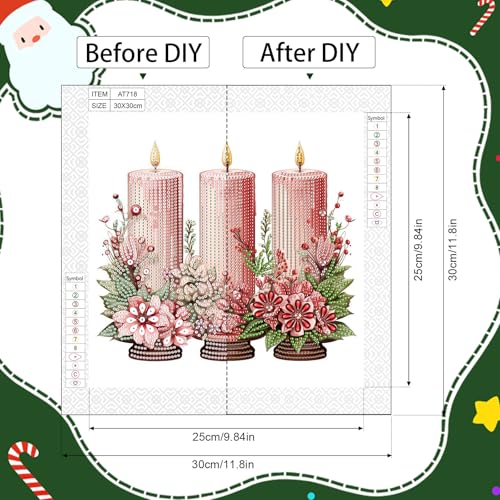 Image of 5D Special Shape Diamond Art Kit for Beginners, Christmas Diamond Art Painting Kits for Adults, Crystal Rhinestones Diamond Painting for Home Wall Christmas Decoration Gift 11.8x11.8 inch, Pink Candle