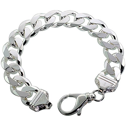 Sterling Silver Thick Cuban Curb Link Chain Bracelet 14.3mm Beveled Edges Nickel Free Italy 10 inch