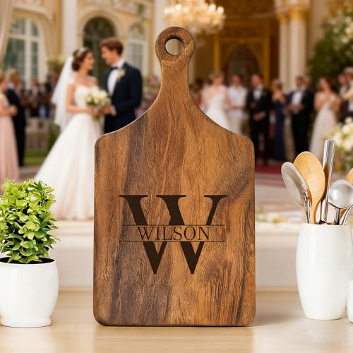 callie Personalized Cutting Board Gifts for Wedding, Custom Monogrammed Wooden Engraved Chopping Boards with Handle (3 Sizes, 4 Materials)