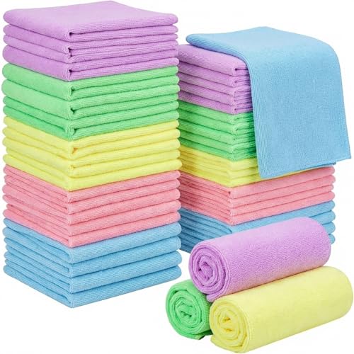 Hestya 50 Pcs Microfiber Face Cloths Fast Drying Face Wash Cloth Reusable Facial Cleansing Cloths for Adult Spa Sport Beauty (Light Color,25 x 25 cm)