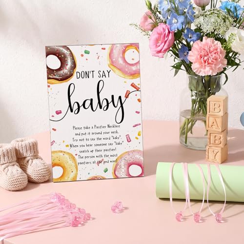 Image of Wesiti 51 Pcs Cool Baby Shower Game Wooden Sign Gift Sets 50 Baby Shower Pacifiers Necklace Acrylic Pacifier for Gender Reveal Party Favor(Donut,Pink)