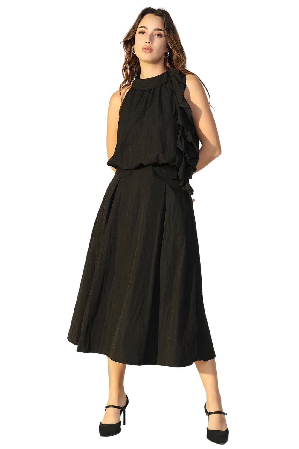 showoffff Edition Women's Black Ruffle Neck Tie Top with Skirt Co-Ords Set-1088_Black-P-picture-10