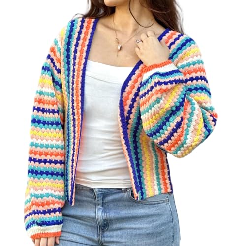 LUBOT Women's 2025 Open Front Chunky Cardigans Long Sleeve Oversized Knit Outwear for Fall and Winter Yellow Rainbow M