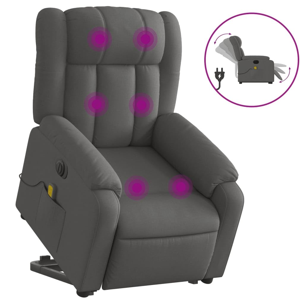 Sillón elevador eléctrico con masaje de 6 puntos y reclinación automática, gris oscuro de tela, función elevación y vibración, estructura estable de madera