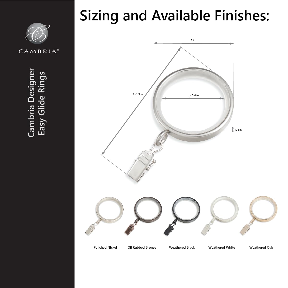 MODE Cambria Designer Series - Premium Easy Glide 18 Count Curtain Rings - Metal with Smooth, Quiet Nylon Inserts with Clips - 2 inch Diameter (1-5/8 inch Inside Diameter) - Weathered White