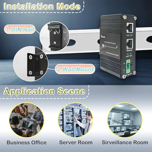 Image of Hardened Industrial 60W PoE Injector Gigabit, Non-PoE to PoE Adapter, IEEE802.3af /at Compliant,12-48VDC Wide Input, Aluminum IP40 Case, DIN-Rail & Wall Mount, Up to 328 ft (100m), Plug & Play