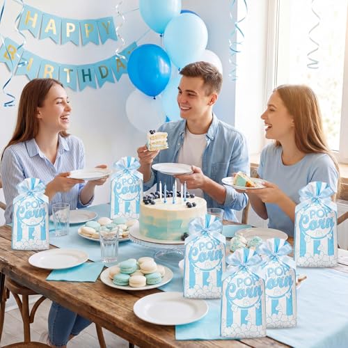 Image of 50 Pcs Popcorn Plastic Bags Circus Carnival Party Goodie Bags Bulk Movie Night Popcorn Container for Carnival Movie Night Theater Halloween Party Supplies (Blue)