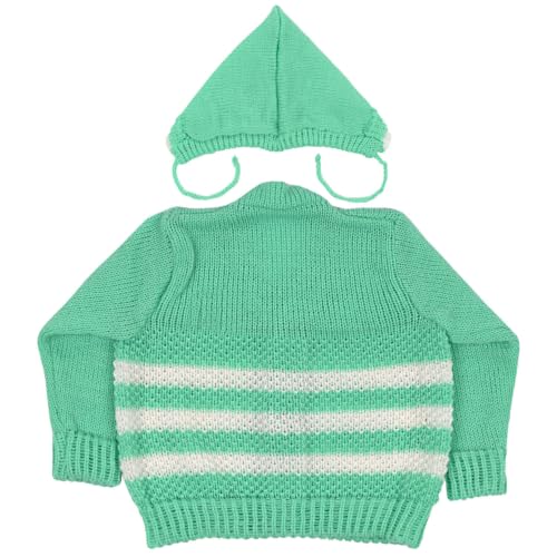 Image of Infants Woollen Sweater Set for Babies with Cap and Socks, Green, Long Sleeve, V-Neck, 3 to 6 Months, 3 Pcs Set