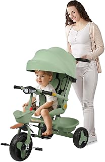 Cochecito Bebe Ligero y Compacto, Triciclo de Bebé, Triciclo infantil evolutivo, luz,Música,reclinable,Guardaespaldas extraíble,Portavasos, Verde