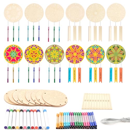 Wooden Mandala Wind Chime Ornaments Painting Craft,24PCS Unfinished Wood Hanging Decoration,8 Style Cutouts for Adults Olders to Paint DIY Thanksgiving Home Decors Hanging